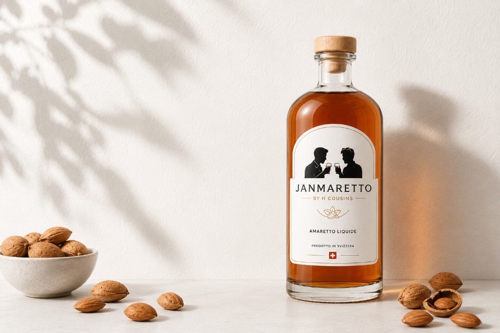 A bottle of JANMARETTO amaretto liqueur resting on a sunlit shelf