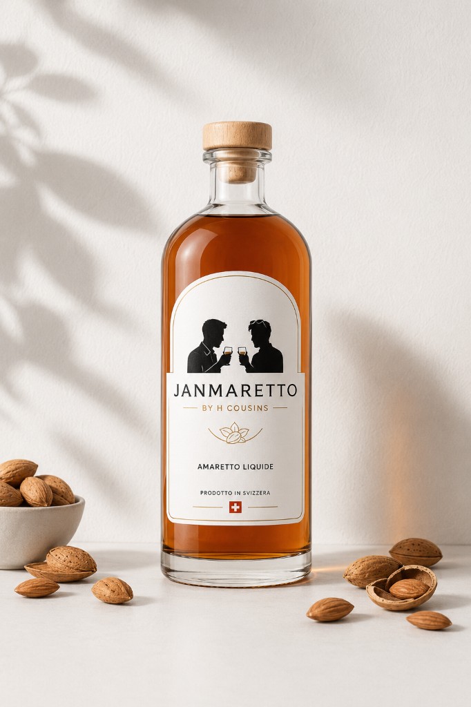 A bottle of JANMARETTO amaretto liqueur resting on a sunlit shelf