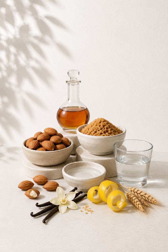 Almonds, vanilla, cane sugar, citrus, water and wheat — the six ingredients in JANMARETTO